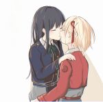  2girls black_hair blonde_hair blue_dress closed_eyes commentary_request dress hair_ribbon hands_on_another&#039;s_shoulders highres imminent_kiss inoue_takina long_hair long_sleeves lycoris_recoil lycoris_uniform masaru_(kises_j) medium_hair multiple_girls nishikigi_chisato one_side_up parted_lips red_ribbon ribbon shadow simple_background upper_body white_background yuri 