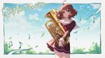  1girl ahoge blue_sky border brown_eyes brown_hair brown_shirt brown_sleeves closed_mouth clouds cowboy_shot day euphonium grey_border hibike!_euphonium highres holding holding_instrument instrument kitauji_high_school_uniform long_sleeves looking_at_viewer musical_note neckerchief oumae_kumiko outdoors outside_border panpanmeiyou_hp pleated_skirt red_neckerchief sailor_collar school_uniform serafuku shirt short_hair skirt sky smile solo standing translation_request tree white_sailor_collar wind 