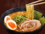  bowl brown_background chopsticks egg_(food) food food_focus meat no_humans noodles original pork ramen softboiled_egg steam th6313 