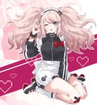  1girl ;p absurdres alternate_costume apron bear_hair_ornament black_jacket blonde_hair blue_eyes bow breasts commentary_request danganronpa:_trigger_happy_havoc danganronpa_(series) enoshima_junko hair_ornament hand_up heart highres hy_(fjvlg) jacket jersey_maid korean_commentary large_breasts long_hair looking_at_viewer maid nail_polish one_eye_closed red_bow red_nails roller_skates scrunchie skates smile tongue tongue_out twintails unconventional_maid waist_apron wrist_scrunchie zoom_layer 