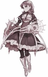  1girl annette_fantine_dominic boots claw_(weapon) closed_mouth dress eyelashes fire_emblem fire_emblem:_three_houses full_body highres holding holding_shield long_sleeves monochrome pantyhose shield short_hair simple_background solo soto weapon white_background 