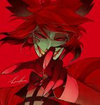  1boy alastor_(hazbin_hotel) black_hair blood blood_from_mouth blood_on_hands commentary_request evil_grin evil_smile formal grin hazbin_hotel highres male_focus mui_mmmm multicolored_hair red_background red_eyes redhead short_hair smile solo suit upper_body 