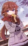  1girl ahoge animal_ears blue_eyes blush brown_gloves brown_hair clouds coat commentary_request cowboy_shot duffel_coat dusk eating food gloves highres long_hair long_sleeves looking_to_the_side low_ponytail original outdoors parted_lips railing red_scarf scarf sky solo taiyaki wagashi yukinagi 