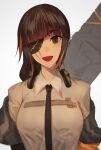  1girl black_jacket black_necktie braid brown_eyes brown_hair eyepatch girls_frontline headset highres jacket long_hair looking_at_viewer m16a1_(girls&#039;_frontline) mole mole_under_eye multicolored_hair necktie open_mouth particle_cannon_case scar scar_on_face shirt simple_background smile solo xanax025 yellow_shirt 