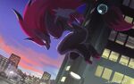  blue_eyes building city claws clouds commentary_request dusk fangs looking_at_viewer no_humans open_mouth outdoors pokemon pokemon_(creature) sharp_teeth signature skyscraper teeth twilight uninori zoroark 