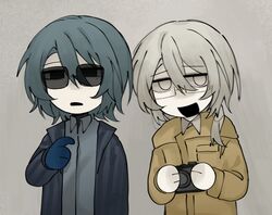  2boys aqua_hair bai_ling_(touqi_guaitan) black_eyes blue_gloves blue_jacket blue_shirt camera chinese_commentary collared_shirt commentary_request deformed eyewear_strap freckles glasses gloves gomikuzu_(zhengtaijishizhengyi72144) grey_background hair_between_eyes hand_up highres holding holding_camera jacket liu_qingcheng long_sleeves male_focus medium_hair mole mole_under_eye multiple_boys open_clothes open_jacket open_mouth pale_skin rectangular_eyewear semi-rimless_eyewear shirt simple_background smile striped_clothes striped_jacket sunglasses touqi_guaitan turtleneck upper_body vertical-striped_clothes vertical-striped_jacket white_eyes white_hair white_shirt yellow-framed_eyewear yellow_jacket 