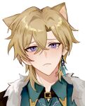  1boy :&lt; animal_ears aqua_shirt artist_name aventurine_(honkai:_star_rail) black_collar blonde_hair blue_eyes blush c_for_cola cat_ears closed_mouth collar collared_shirt commentary crossed_bangs earrings frown fur_trim hair_between_eyes highres honkai:_star_rail honkai_(series) jewelry looking_at_viewer male_focus multicolored_eyes neck_tattoo parted_bangs raised_eyebrows sad shirt short_hair signature simple_background single_earring solo symbol-only_commentary tattoo tearing_up upper_body violet_eyes white_background 