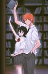  1boy 1girl absurdres arm_up black_hair black_pants bleach blush book bookshelf bow bowtie brown_eyes clenched_hand collared_shirt commentary_request double-parted_bangs feet_out_of_frame from_side grey_skirt gwao_(_ul_13) hair_between_eyes hand_in_pocket height_difference hetero highres holding holding_book indoors korean_commentary kuchiki_rukia kurosaki_ichigo library looking_at_another looking_down medium_hair miniskirt orange_hair pants parted_lips pleated_skirt profile reaching red_bow red_bowtie school_uniform shirt short_hair short_sleeves skirt spiky_hair standing upturned_eyes v-shaped_eyebrows violet_eyes white_shirt 