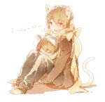  &gt;_&lt; 2boys animal_ear_fluff animal_ears barefoot blush bow brown_eyes brown_hair brown_sweater cat_ears cat_tail chibi clone flying_sweatdrops grey_pants hair_between_eyes hugging_own_legs indie_utaite kemonomimi_mode knees_up long_sleeves multiple_boys open_mouth pants rella scarf shadow shoose short_hair simple_background sitting sitting_on_lap sitting_on_person sleeves_past_wrists sweater tail toes utaite wavy_mouth white_background yellow_bow yellow_scarf 