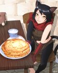  1girl :3 animal_ears artist_name black_fur black_hair blini cat_ears cat_girl cat_tail chair commentary dungeon_meshi english_commentary fangs feet_out_of_frame food highres izutsumi jazz_the_blini_cat_(meme) looking_at_viewer meme navel pancake pepper_shaker photo-referenced plate ranveld salt_shaker short_hair sitting solo sour_cream tail yellow_eyes 