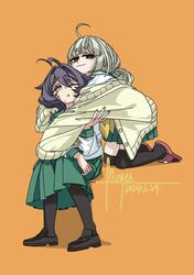  2girls ahoge araga_kiwi black_footwear black_pantyhose black_thighhighs blonde_hair chinese_commentary closed_mouth commentary_request dated full_body green_skirt hair_between_eyes highres hiiragi_utena hug hug_from_behind invisible_chair kneeling loafers long_sleeves looking_at_another looking_at_viewer mahou_shoujo_ni_akogarete multiple_girls one_eye_closed open_mouth orange_background pantyhose pleated_skirt purple_hair sandals school_uniform serafuku shoes signature simple_background sitting skirt smile sweater thigh-highs violet_eyes xinjinjumin3576991 yellow_eyes yuri 