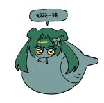  1girl animal bird bluepico bow carcass chibi closed_mouth commentary_request dead_animal double_bun full_body green_hair hair_bow hair_bun human_head inmyeonjo korean_commentary korean_text long_hair looking_at_viewer monster_girl mouth_hold original simple_background sitting solo translation_request twintails white_background yellow_eyes 