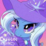  1girl artist_name cloak duvivi4duvivi gradient_background hat highres long_hair looking_at_viewer my_little_pony my_little_pony:_friendship_is_magic no_humans pink_background pony_(animal) portrait purple_cloak purple_hat retro_artstyle solo trixie_lulamoon violet_eyes watermark white_hair witch_hat 