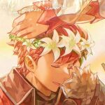  cape closed_eyes dated diamant_(fire_emblem) facing_to_the_side fire_emblem fire_emblem_engage flower flower_wreath happy_birthday hisi42 open_mouth red_cape redhead white_flower 