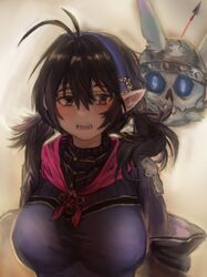  1girl 1other antenna_hair arrow_(projectile) arrow_in_body arrow_in_head black_hair blue_hairband blue_sclera blush breasts brown_dust_2 colored_sclera dress elf hair_between_eyes hairband helmet isaac_(brown_dust_2) jewelry large_breasts liu_kuang_1119 loen_(brown_dust_2) looking_at_viewer object_through_head open_mouth pendant pointy_ears purple_dress purple_robe robe simple_background solo_focus teeth traditional_media twintails upper_body violet_eyes 