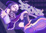  1girl absurdres androgynous black_hair black_nails boots character_name chocolatte_39 choker flower_(vocaloid) flower_(vocaloid4) forte_(symbol) fur_trim graffiti highres hood hood_up hooded_jacket jacket multicolored_hair musical_note open_mouth perspective purple_skirt purple_undershirt purple_vest shoe_soles short_hair shorts skirt smile spray_can tomboy torn_clothes two-tone_hair vest violet_eyes vocaloid wallet_chain white_hair 