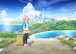  1girl aqua_jacket artist_request beach blue_sky building character_request clouds copyright_request day full_body highres hood hooded_jacket jacket leggings looking_at_viewer miniskirt ocean official_art outdoors pink_footwear pink_hair road scenery shirt shoes short_hair skirt sky sneakers solo suitcase white_shirt 