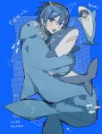  1boy :o animal_costume animal_hood blue_background blue_eyes blue_hair blue_nails blue_tongue bubble colored_tongue english_text fins fish fish_tail grid_background highres holding holding_stuffed_toy hood ikea_shark kaito_(vocaloid) long_sleeves male_focus nidu_(2du_du) open_mouth shark shark_costume shark_hood shark_tail sharp_teeth short_hair stuffed_animal stuffed_shark stuffed_toy tail teeth vocaloid 