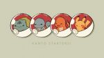  :3 :d bulbasaur charmander chibi closed_eyes closed_mouth commentary english_commentary facing_another fang fang_out flame-tipped_tail grey_background highres in_poke_ball lineup no_humans open_mouth pikachu poke_ball pokemon pokemon_(creature) simple_background smile squirtle starter_pokemon_trio teletelo 