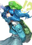!? 1girl absurdres backpack bag blue_eyes blue_footwear blue_hair blue_skirt blunt_bangs commentary_request flat_cap green_hat hair_bobbles hair_ornament hat highres ichirugi kawashiro_nitori key long_sleeves looking_at_viewer open_mouth pocket simple_background skirt solo sweatdrop touhou twintails two_side_up white_background