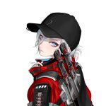  1girl animification apex_legends baseball_cap black_hat blue_eyes breasts fingerless_gloves gloves grey_gloves grey_hair hair_behind_ear hair_between_eyes hat jacket looking_at_viewer medium_breasts official_alternate_costume red_jacket sayo_(user_umup5874) simple_background solo street_smart_wraith sword sword_on_back weapon weapon_on_back white_background wraith_(apex_legends) 