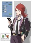  1boy alternate_costume bag black_bag black_necktie cellphone charm_(object) chat_log closed_mouth collared_shirt commentary_request cowlick highres ho-oh holding holding_phone jacket long_hair long_sleeves looking_down male_focus mocollie necktie open_clothes open_jacket pants phone pokemon pokemon_hgss purple_jacket redhead shirt silver_(pokemon) sneasel solo translation_request tyranitar violet_eyes white_shirt 