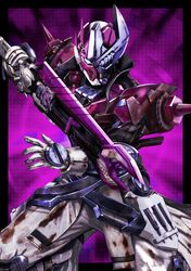  1boy armor asymmetrical_armor bolt_(hardware) fighting_stance gloves helmet highres holding holding_sword holding_weapon kamen_rider kamen_rider_gotchard_(series) looking_at_viewer male_focus masukudo_(hamamoto_hikaru) pants purple_armor shoulder_spikes solo spikes sword valvarad valvarusher weapon wheel white_eyes white_gloves white_pants wrench 