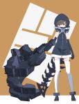  32zzz armored_gloves black_dress black_gloves black_rock_shooter brown_eyes brown_hair covering_own_mouth dress elbow_gloves gauntlets gloves hair_ornament hairclip high_collar highres hood mechanical_tail strength_(black_rock_shooter) tail thigh-highs white_thighhighs zipper 