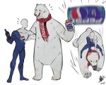  bear bodysuit bottle can coca-cola geryghosty highres pepsi pepsiman pepsiman_(game) polar_bear riding scarf simple_background standing white_background 
