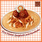  argyle_background artist_logo fire_flower food food_focus food_name highres meat meatball no_humans original pasta plate spaghetti super_mario_bros. yuki00yo 