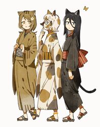  3girls :3 animal_ears ankleband black_hair black_kimono black_tail blush_stickers brown_eyes brown_hair brown_kimono calico calico_print cat_day cat_ears cat_girl cat_tail clenched_hands closed_mouth finger_to_mouth flip-flops full_body hair_between_eyes hand_to_own_mouth highres japanese_clothes kimono long_hair long_sleeves looking_at_viewer looking_to_the_side medium_hair multiple_girls nanase_(nanataroo_7) obi original paw_print revision sandals sanpaku sash seigaiha short_hair slit_pupils tail walking white_hair wolf_cut 