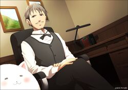  1boy :3 =_= angora_rabbit animal artist_name black_bow black_pants black_vest blush book_holster bow brown_eyes chair collared_shirt commentary_request crossed_legs facial_hair father_and_son formal from_below goatee gochuumon_wa_usagi_desu_ka? hand_on_own_leg hands_on_lap hands_on_own_arms indoors k-suwabe kafuu_takahiro light_brown_hair light_smile long_sleeves looking_at_viewer looking_down male_focus mature_male mustache office_chair pants pencil_mustache picture_frame rabbit rabbit_house_uniform shirt sitting smile solo study_(room) swivel_chair tippy_(gochiusa) vest white_shirt 