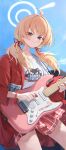  1girl absurdres ahoge blonde_hair blue_archive blush brown_eyes closed_mouth cowboy_shot electric_guitar guitar highres holding holding_instrument instrument jacket kakutasu long_hair long_sleeves looking_at_viewer low_twintails official_alternate_costume open_clothes open_jacket pink_skirt pleated_skirt red_jacket shirt skirt smile solo twintails white_shirt yoshimi_(band)_(blue_archive) yoshimi_(blue_archive) 