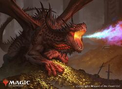  animal_focus blue_fire breath_weapon breathing_fire cave coin commentary company_name copyright_name dragon english_commentary fire horns johan_grenier magic:_the_gathering monster no_humans official_art open_mouth pile_of_money pink_fire planted planted_sword rapacious_dragon_(magic:_the_gathering) sharp_teeth solo sword tail teeth weapon western_dragon wings yellow_eyes 