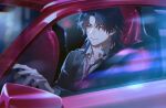  1boy awkn black_hair blade_(honkai:_star_rail) car closed_mouth collared_shirt driving earrings honkai:_star_rail honkai_(series) jewelry long_hair looking_at_viewer male_focus motor_vehicle necktie red_eyes red_necktie seatbelt shirt solo suit white_shirt 