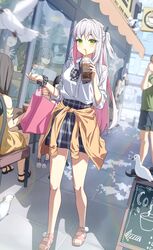  1boy 6+girls absurdres animal bag bendy_straw bird black_hair black_ribbon blue_hair blurry blurry_background blurry_foreground bow breasts brown_hair cellphone clothes_around_waist collared_shirt commentary cup depth_of_field disposable_cup dress dress_shirt drinking_straw grey_bow grey_hair grey_scrunchie grey_skirt hair_ribbon highres holding holding_cup menu_board multicolored_hair multiple_girls off-shoulder_dress off_shoulder one_side_up original paper_bag phone phone_with_ears pink_footwear pink_hair plaid_bow plaid_clothes plaid_skirt pleated_skirt ribbon sandals scrunchie seero shirt shopping_bag skirt small_breasts two-tone_hair white_shirt wrist_scrunchie yellow_dress 