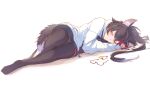  1girl animal_ear_fluff animal_ears black_hair black_thighhighs closed_eyes commentary_request highres hololive long_sleeves lying multicolored_hair on_side ookami_mio redhead simple_background sleeping solo streaked_hair tail thigh-highs tokine_yua unworn_eyewear virtual_youtuber white_background wolf_ears wolf_girl wolf_tail 