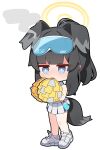  1girl absurdres animal_ears black_hair blue_archive blue_eyes blush cheerleader chibi chibi_only commentary detached_collar dog_ears dog_tail extra_ears eyewear_on_head full_body halo hibiki_(blue_archive) hibiki_(cheer_squad)_(blue_archive) highres holding holding_pom_poms korean_commentary long_hair millennium_cheerleader_outfit_(blue_archive) official_alternate_costume open_mouth pleated_skirt pom_pom_(cheerleading) ringed_eyes safety_glasses shoes simple_background skirt solo strainofgwaro tail white_background white_footwear white_skirt yellow_halo 