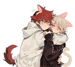  2boys amagi_hiiro animal_ears black_sweater blonde_hair blue_eyes blush cat_ears cat_tail cheek-to-cheek closed_eyes closed_mouth dog_ears dog_tail ensemble_stars! hand_up heads_together hood hood_down jacket looking_at_viewer multiple_boys open_mouth petting redhead sapphire_(nine) shiratori_aira_(ensemble_stars!) simple_background sweater tail white_background white_jacket 