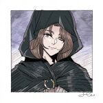 1girl black_cloak border brown_eyes brown_hair cloak closed_mouth commentary denny626 elden_ring hood hood_up hooded_cloak looking_at_viewer melina_(elden_ring) one_eye_closed signature smile solo upper_body white_border 