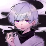  1boy bad_id bags_under_eyes black_background cigarette earrings grey_hair hair_between_eyes hand_up holding holding_cigarette jewelry jmeysan looking_at_viewer male_focus multiple_earrings open_mouth original short_hair smoke smoking solo upper_body violet_eyes 