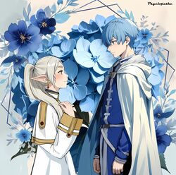  1boy 1girl aqua_eyes artist_name blue_eyes blue_flower blue_hair blue_tunic cape capelet cloak drop_earrings earrings elf eye_contact flower frieren hand_up highres himmel_(sousou_no_frieren) jewelry long_hair looking_at_another nemophila_(flower) pointy_ears psyclopathe short_hair sousou_no_frieren standing twintails white_cape white_capelet white_cloak white_hair 