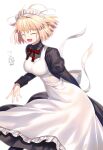  1girl ahoge apron arcueid_brunestud arm_behind_back aro_1801 black_dress blonde_hair breasts closed_eyes cowboy_shot dress highres maid maid_apron maid_headdress medium_breasts open_mouth short_hair simple_background smile solo teeth tongue tsukihime tsukihime_(remake) upper_teeth_only white_apron white_background 