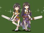  2girls armor armored_boots ayra_(fire_emblem) black_hair boots breastplate fire_emblem fire_emblem:_genealogy_of_the_holy_war gloves holding holding_sword holding_weapon larcei_(fire_emblem) long_hair mother_and_daughter multiple_girls pelvic_curtain short_hair shoulder_armor sidelocks simple_background sword tomboy tunic vianchiel violet_eyes weapon 