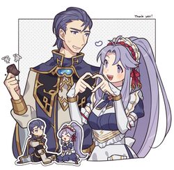  1boy 1girl apron cape chibi chibi_inset dress fire_emblem fire_emblem:_genealogy_of_the_holy_war fire_emblem_heroes haconeri heart heart_hands lex_(fire_emblem) long_hair looking_at_another maid_headdress official_alternate_costume ponytail puffy_short_sleeves puffy_sleeves purple_hair short_hair short_sleeves sweatdrop tailtiu_(fire_emblem) tailtiu_(tea_party)_(fire_emblem) very_long_hair violet_eyes 