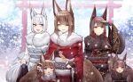 akagi-chan_(azur_lane) akagi_(azur_lane) amagi-chan_(azur_lane) amagi_(azur_lane) fox_ears fox_tail japanese_clothes kaga_(azur_lane) kimono long_hair multiple_girls multiple_tails short_hair torii winter