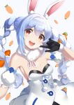  1girl absurdres animal_ears black_gloves blue_hair blush braid breasts carrot gloves highres hololive koizumike long_hair open_mouth orange_eyes rabbit_ears ribbon small_breasts smile twin_braids usada_pekora white_ribbon 