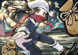  1girl absurdres akari_(pokemon) arisugawa_bii bag black_pantyhose black_shirt blush brown_eyes commentary_request eyelashes floating_hair floating_scarf grey_jacket grey_skirt head_scarf highres jacket long_hair looking_at_viewer loose_socks night outdoors pantyhose pokemon pokemon_legends:_arceus red_scarf scarf shirt sidelocks skirt sky socks solo white_pantyhose 