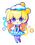  1girl blonde_hair blue_eyes blunt_bangs chibi full_body highres long_hair looking_at_viewer marle_(puyopuyo) offbeat open_mouth puyopuyo puyopuyo_tetris simple_background solo white_background 