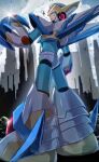  1boy android arm_cannon armor blurry blurry_background building cang_she clouds falcon_armor_x_(mega_man) forehead_jewel from_behind full_body glint green_eyes helmet highres male_focus mechanical_wings mega_man_(series) mega_man_x_(series) outdoors skyscraper solo weapon white_armor white_helmet wings x_(mega_man) x_buster 